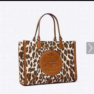 Tory Burch Brown Structured Tote with Leopard Print